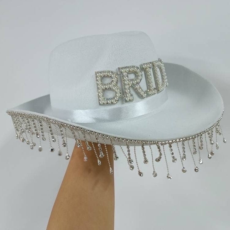 Rhinestone Bride Cowboy Hat with Veil - Bachelorette Cowgirl Hen Party