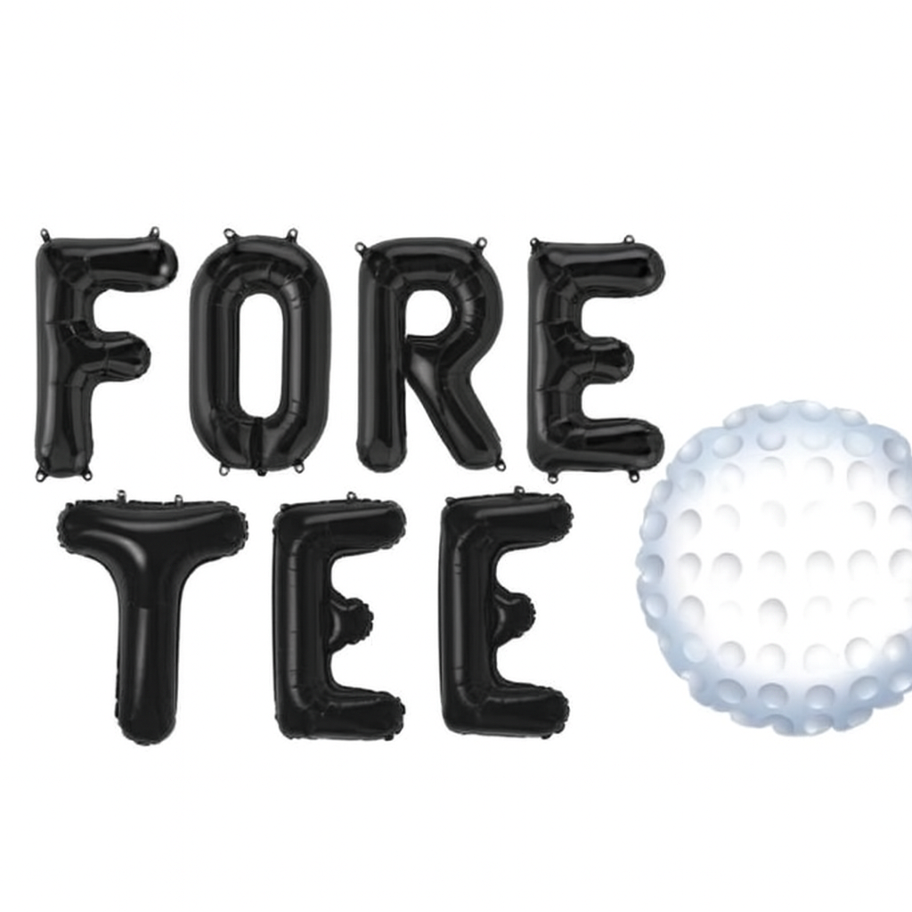 Black 'FORE TEE' balloon set with a golf ball on a white background