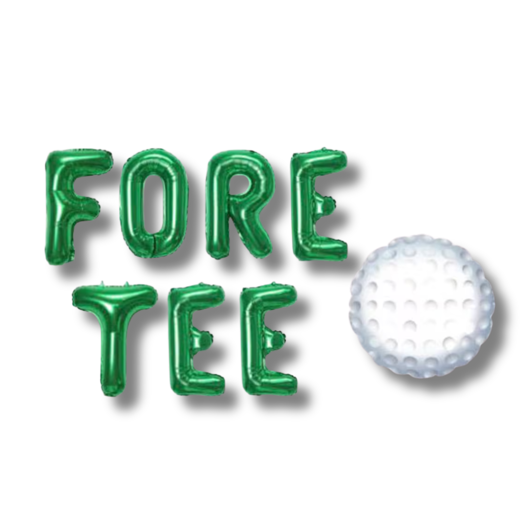 Green 'FORE TEE' balloons with a golf ball on a white background