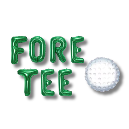 Green 'FORE TEE' balloons with a golf ball on a white background