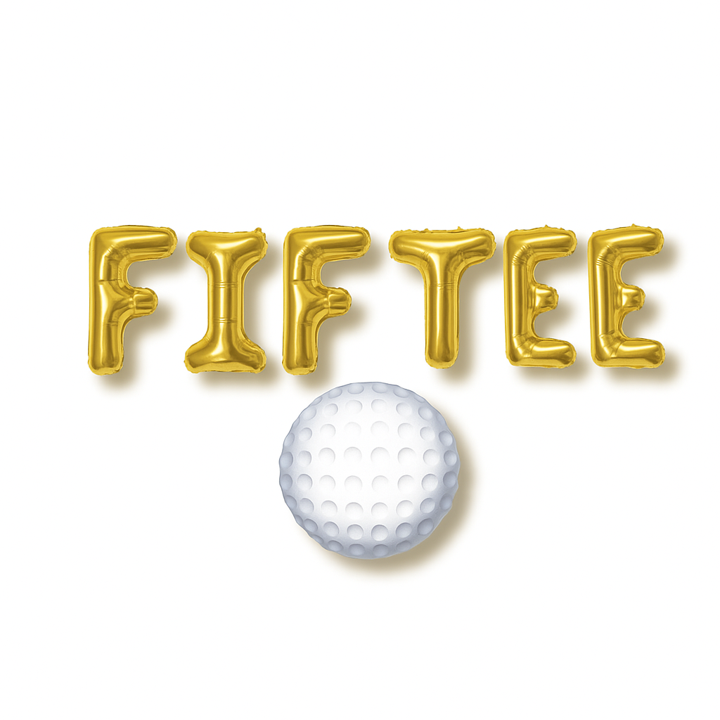 Gold 'FIFTEE' balloons with a golf ball on a white background
