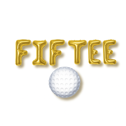 Gold 'FIFTEE' balloons with a golf ball on a white background
