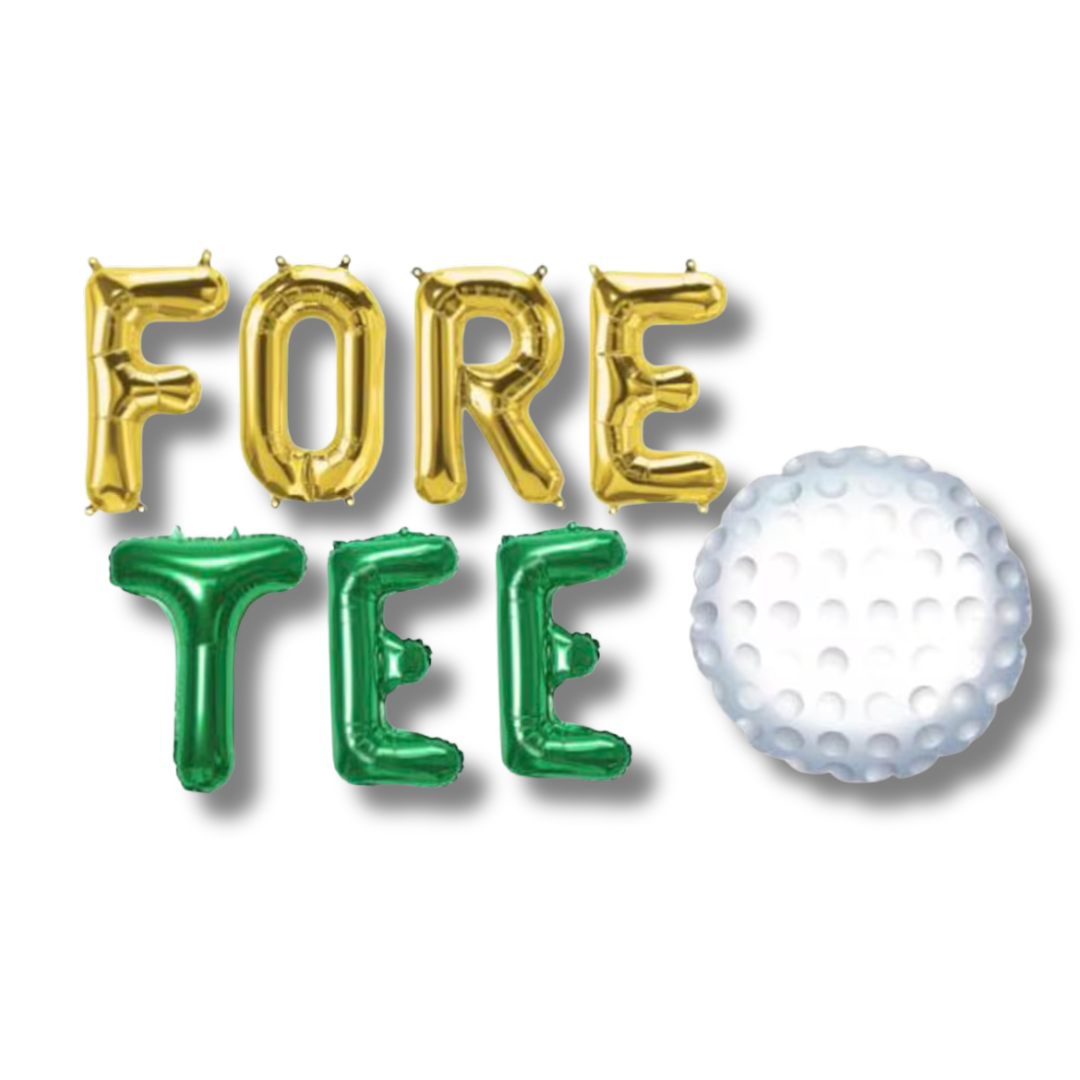 Gold and green foil balloons spelling 'FORE TEE' with a golf ball on a white background