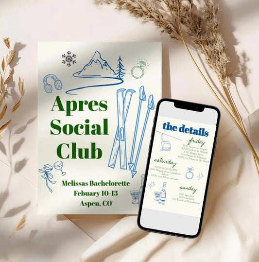 Apres Ski Bachelorette Itinerary - Winter Ski Trip Invitation Template for Aspen Getaway Bach and Boujee Invitations