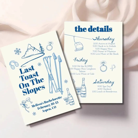 Apres Ski Bachelorette Weekend Itinerary Invitation Template - Last Toast on the Slopes Hen Party Bach and Boujee Invitations