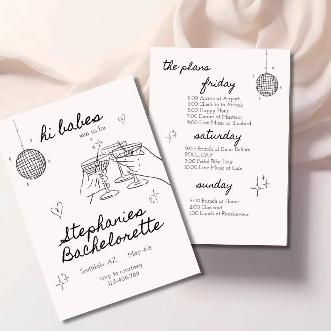 Bachelorette Itinerary Invitation Template - Modern Minimalist Champagne Black Design Bach and Boujee Invitations