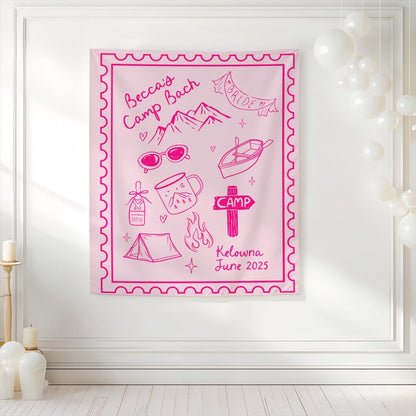Camp Bachelorette Tapestry Banner Sign for Rustic Cabin Adventure Bachelorette Decor Wild in the Woods Bach and Boujee