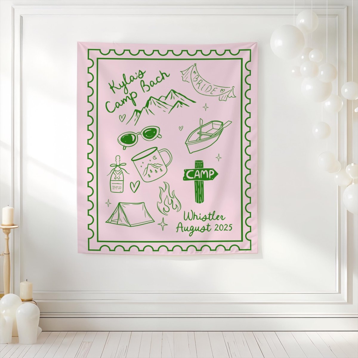 Camp Bachelorette Tapestry Banner Sign for Rustic Cabin Adventure Bachelorette Decor Wild in the Woods Bach and Boujee