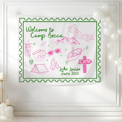 Camp Bachelorette Tapestry Banner Sign for Rustic Cabin Adventure Bachelorette Decor Wild in the Woods Bach and Boujee