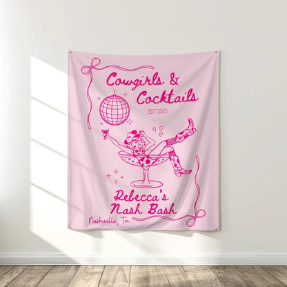 Cowgirls & Cocktails Tapestry Wall Banner - Country BOHO Bachelorette Banner Nashville Decoration Bach and Boujee