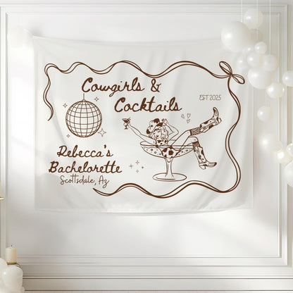 Cowgirls & Cocktails Tapestry Wall Banner - Country BOHO Bachelorette Banner Nashville Decoration Bach and Boujee