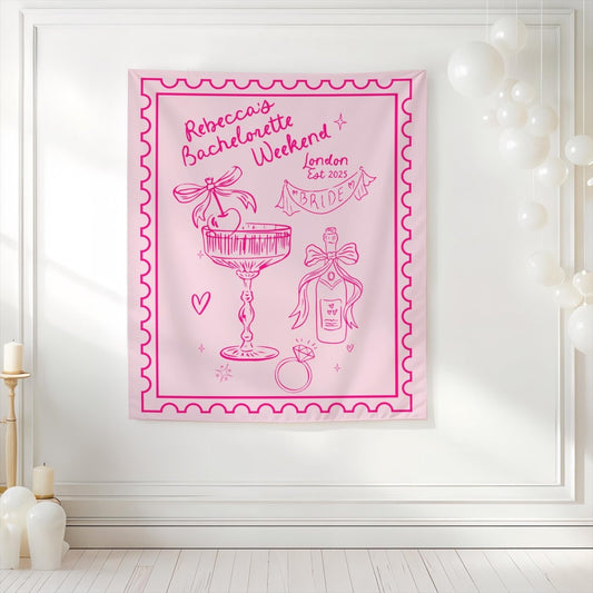 Custom Champagne Cocktail Bachelorette Trip Tapestry Banner Pink Backdrop Hen Party Bach and Boujee