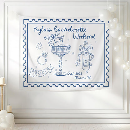 Custom Champagne Cocktail Bachelorette Trip Tapestry Banner Pink Backdrop Hen Party Bach and Boujee