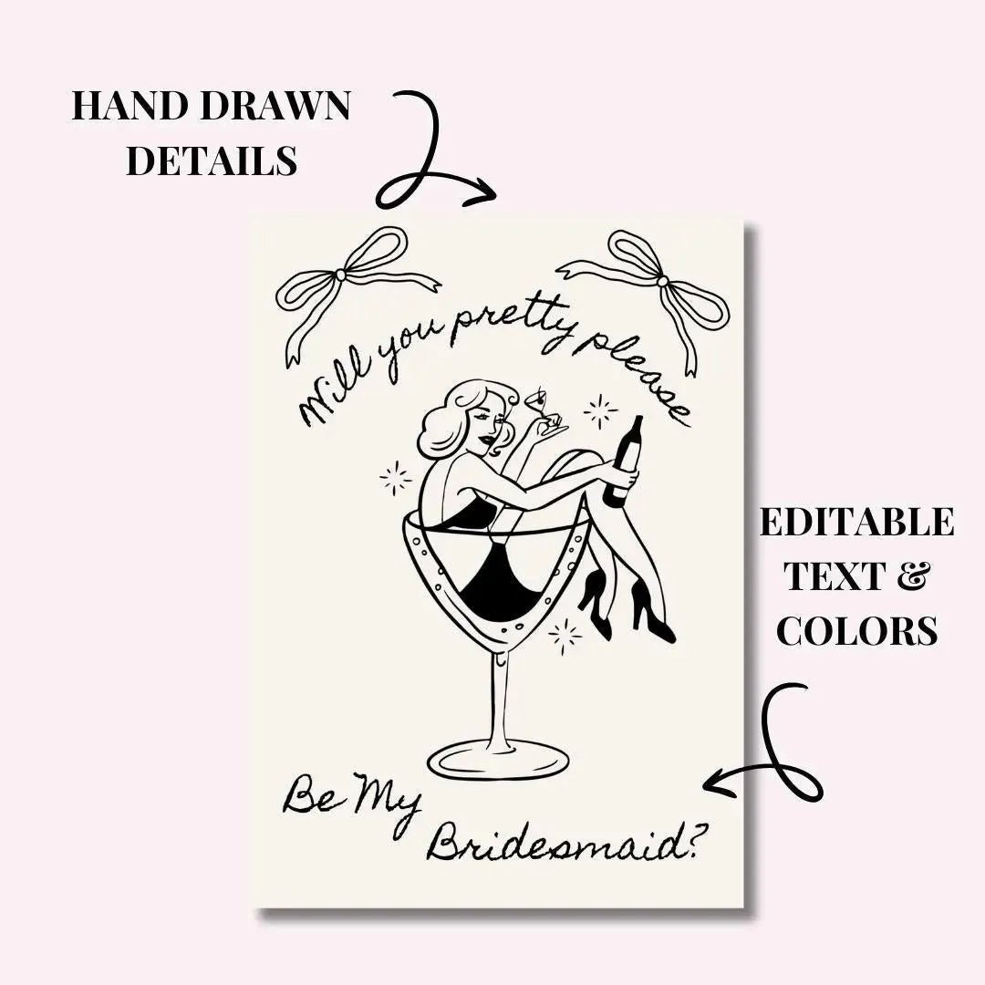 Editable Vintage Bridesmaid Proposal Card Template - Fun Martini Design for Maid of Honor Bach and Boujee Invitations