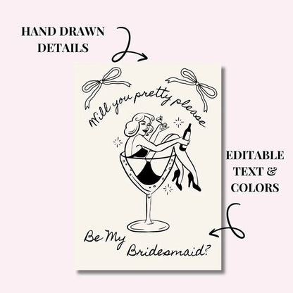 Editable Vintage Bridesmaid Proposal Card Template - Fun Martini Design for Maid of Honor Bach and Boujee Invitations