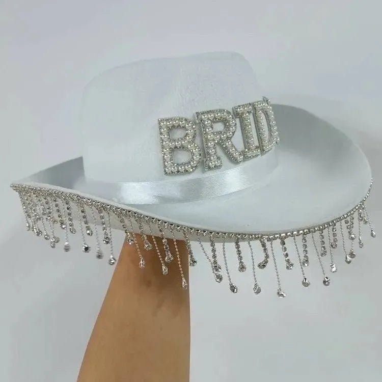 Rhinestone Bride Cowboy Hat with Veil - Bachelorette Cowgirl Hen Party Bach and Boujee
