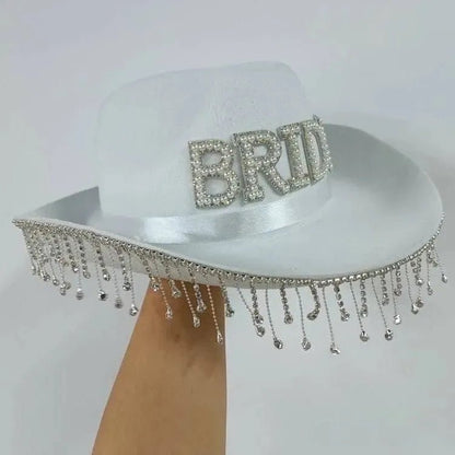 Rhinestone Bride Cowboy Hat with Veil - Bachelorette Cowgirl Hen Party Bach and Boujee