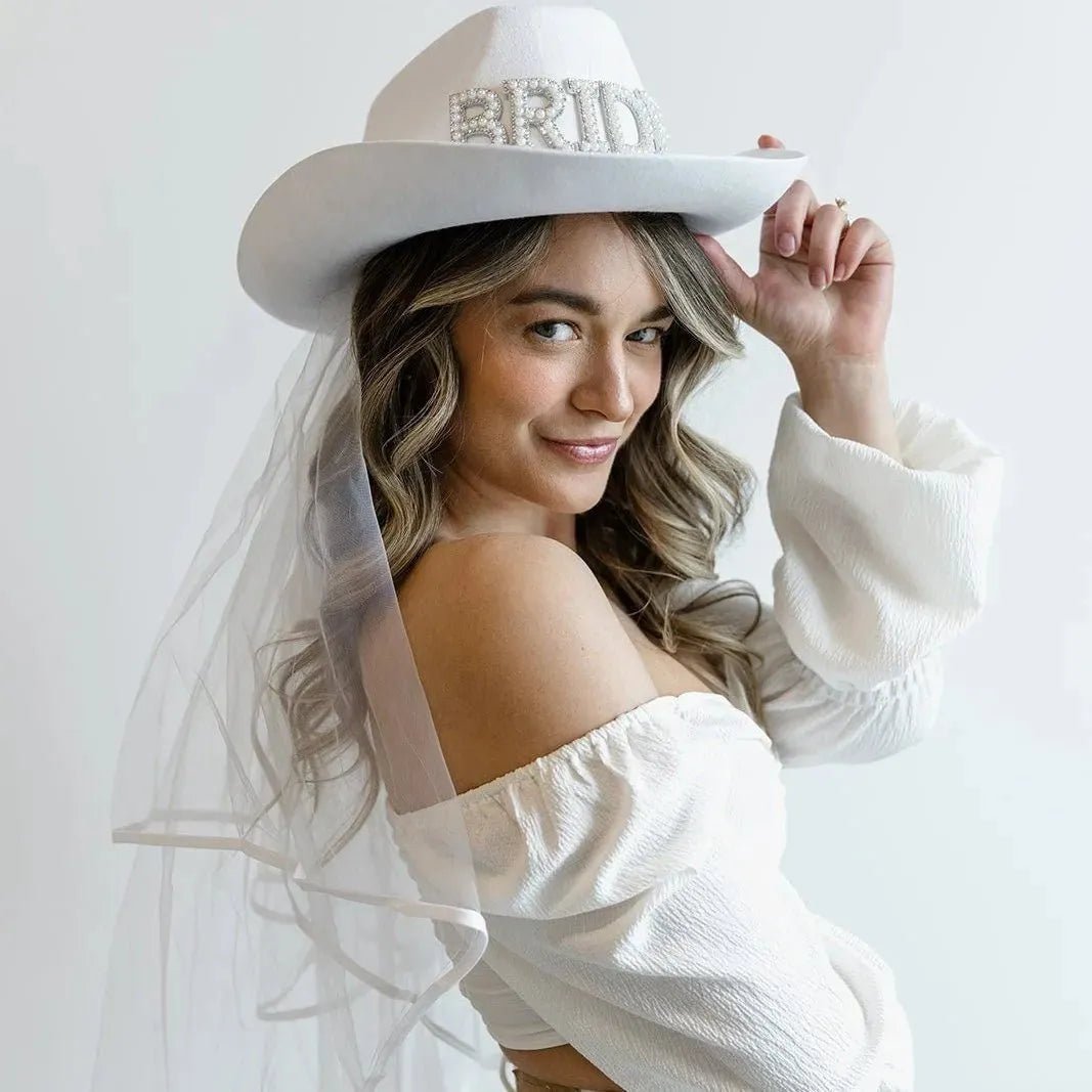 Rhinestone Bride Cowboy Hat with Veil - Bachelorette Cowgirl Hen Party Bach and Boujee