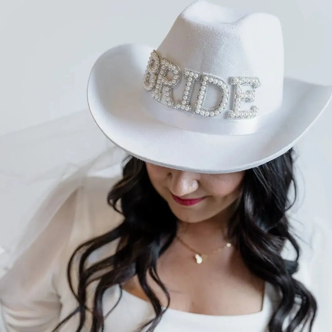 Rhinestone Bride Cowboy Hat with Veil - Bachelorette Cowgirl Hen Party Bach and Boujee