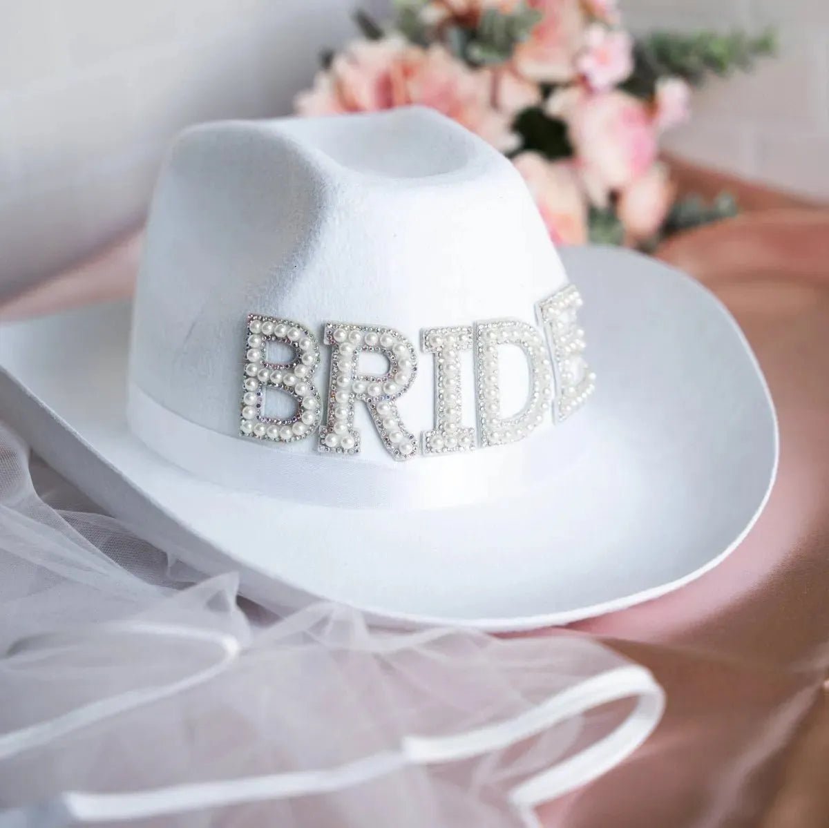 Rhinestone Bride Cowboy Hat with Veil - Bachelorette Cowgirl Hen Party Bach and Boujee