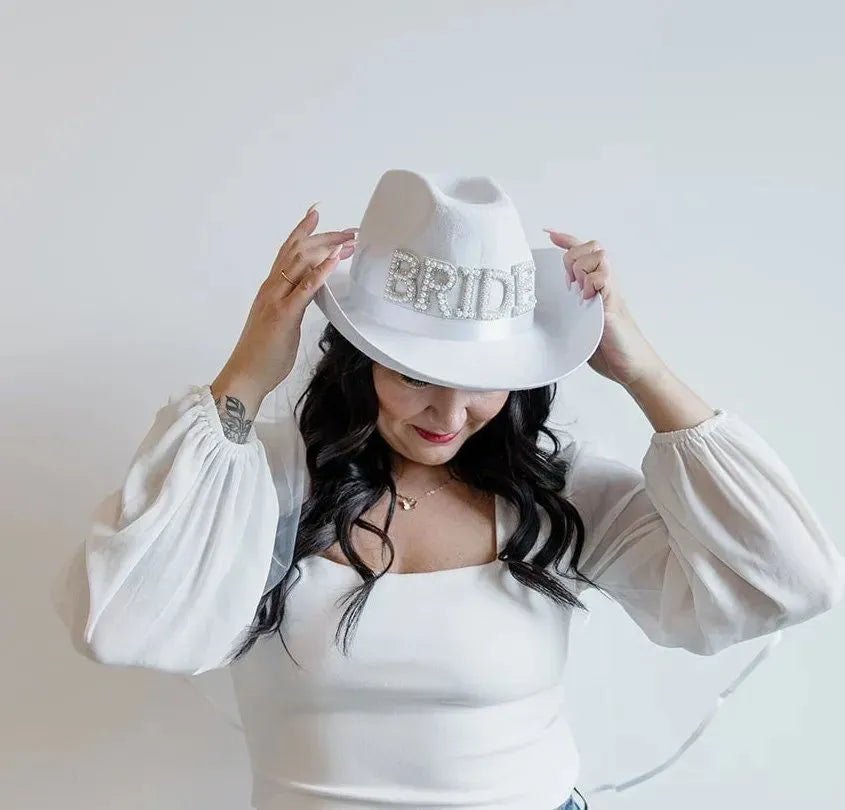 Rhinestone Bride Cowboy Hat with Veil - Bachelorette Cowgirl Hen Party Bach and Boujee