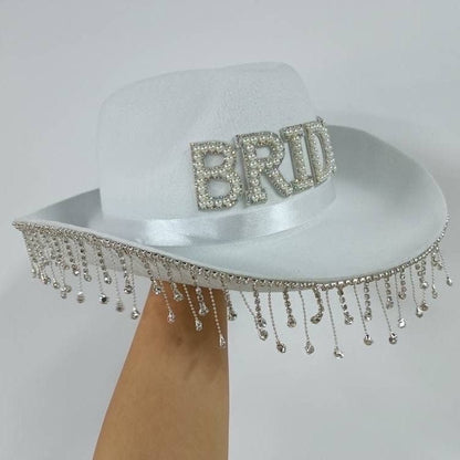 Rhinestone Bride Cowboy Hat with Veil - Bachelorette Cowgirl Hen Party Bach and Boujee