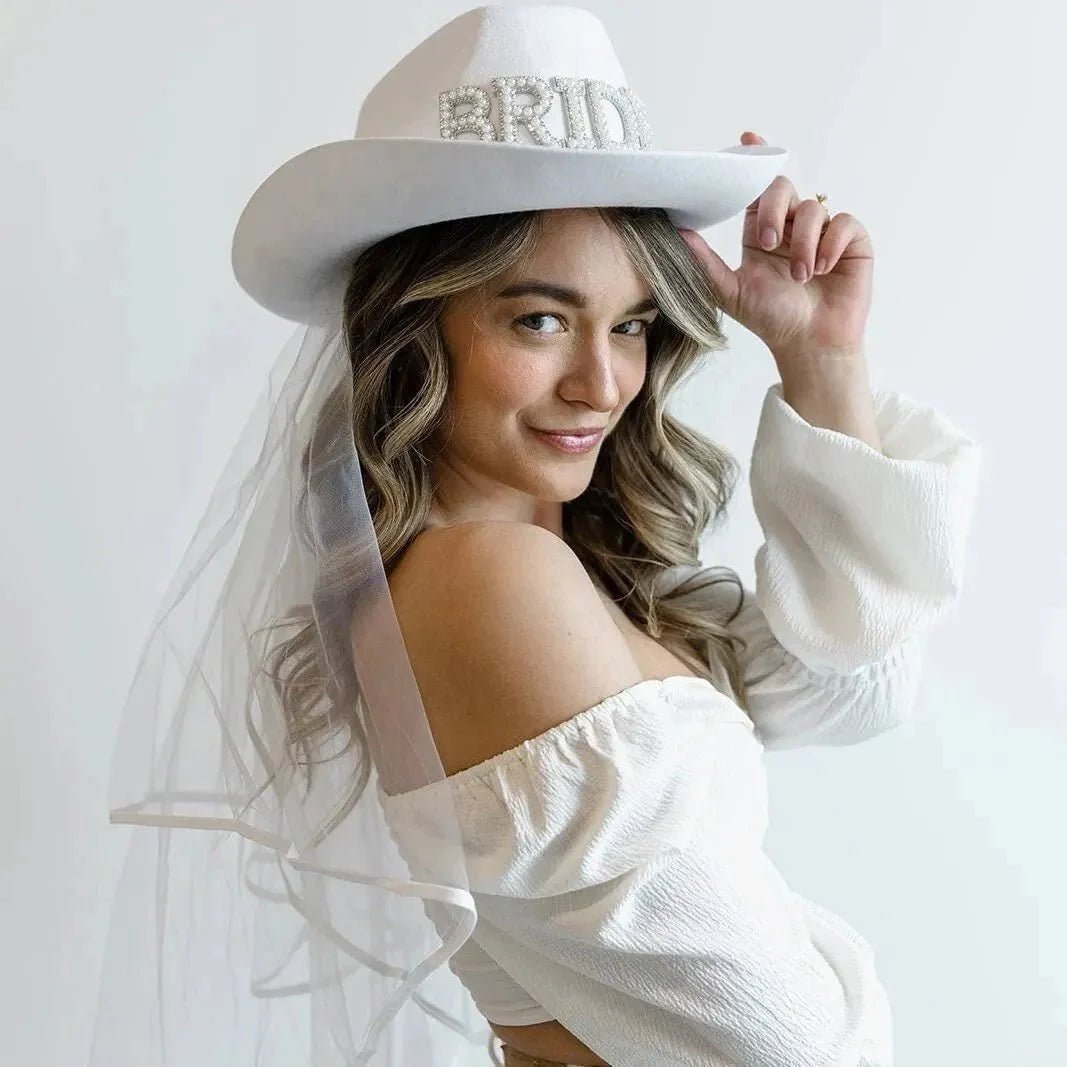 Veiled Bride's Cowboy Hat - The Ultimate Western - Themed Bachelorette Stagette Soiree Accessory Bach and Boujee