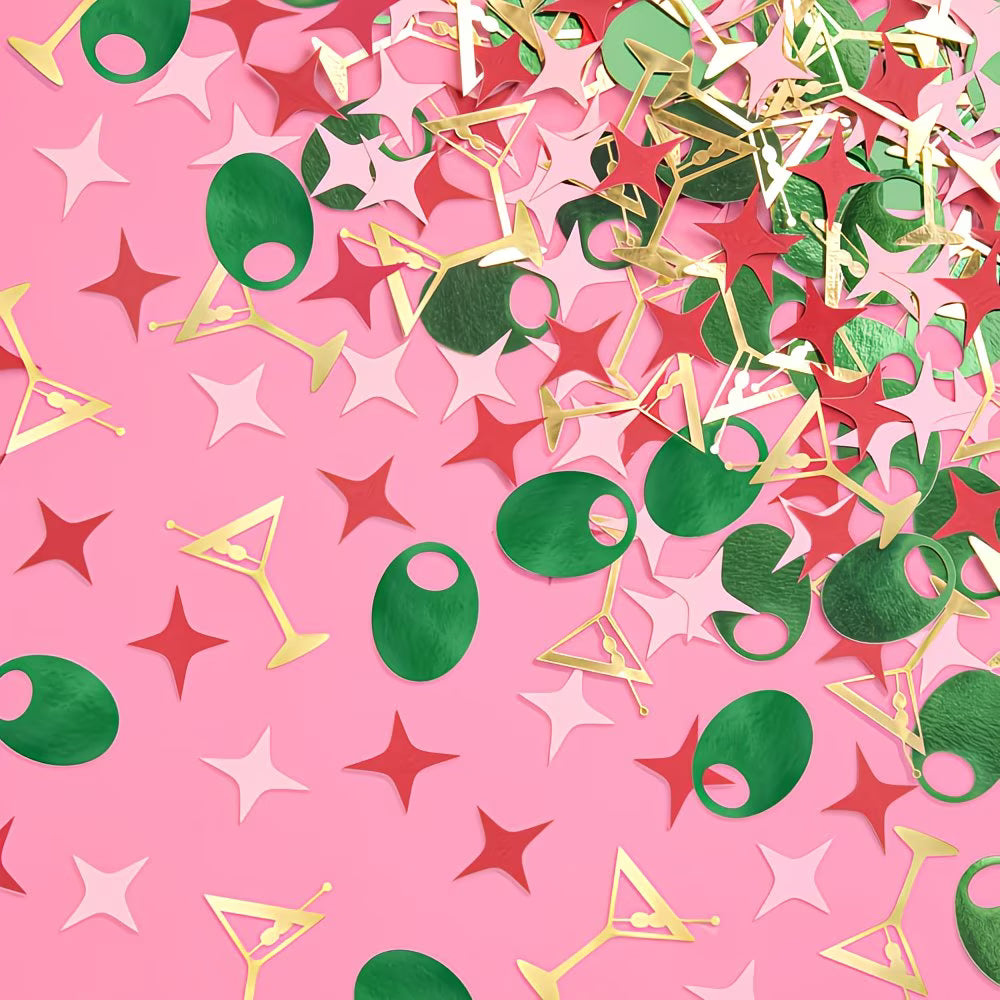 Colorful confetti with stars, olivers, and cocktail shapes on a pink background