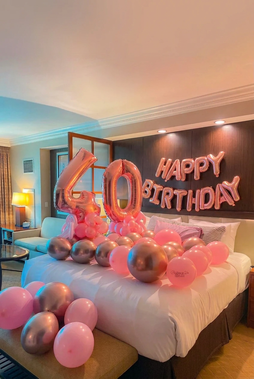 Birthday hotel room decorations in Kelowna with rose gold 40 balloons and Happy Birthday banner